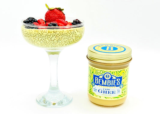 Chia seed pudding, a nutritious detox meal packed with fiber, Omega-3s, and made with Bembie’s Ghee for a healthy boost.