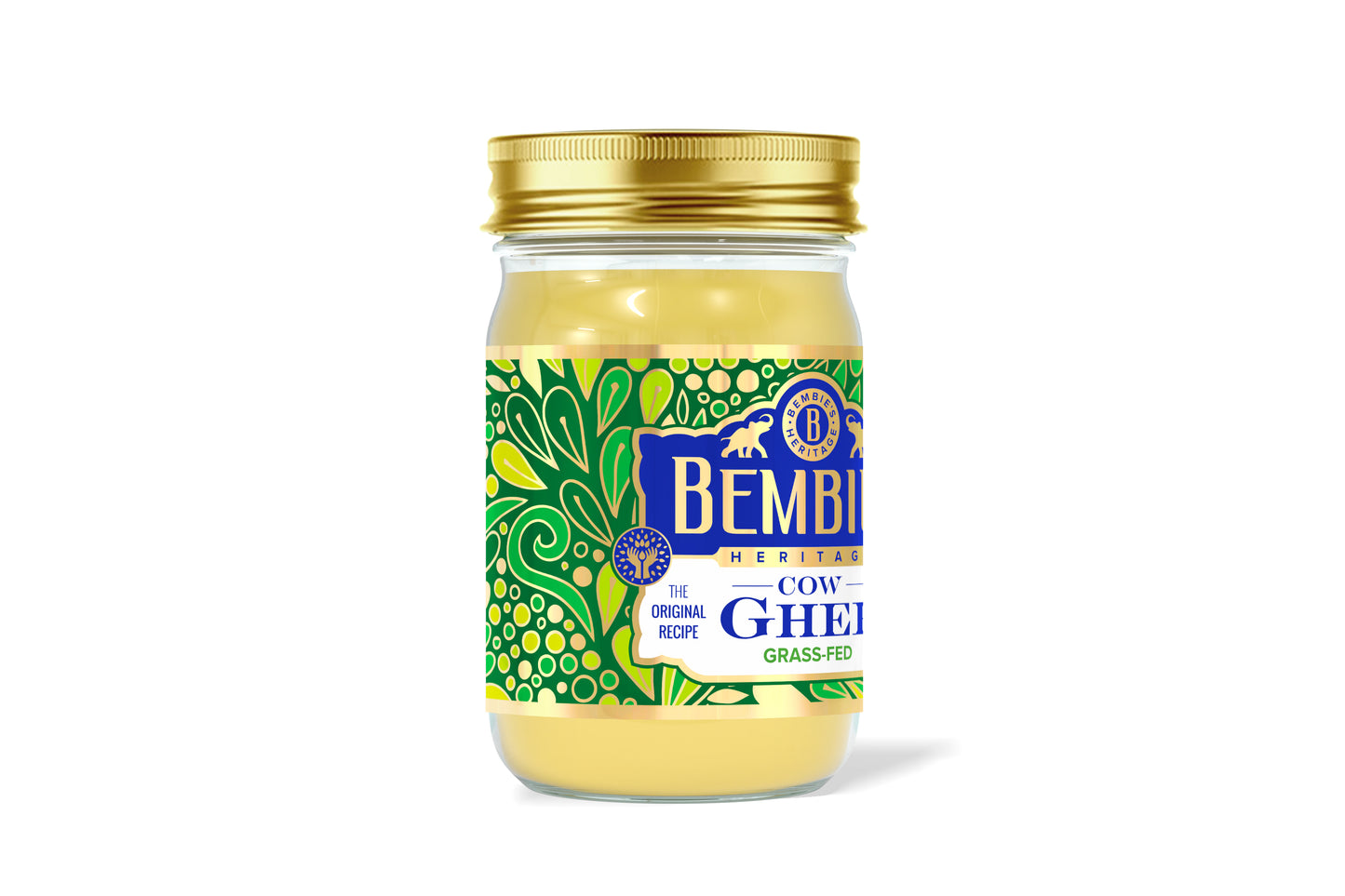 Side view of Bembie’s 11oz Grass-Fed Cow Ghee jar showcasing vibrant label art, made from clarified butter ideal for clean eating and gourmet cooking.