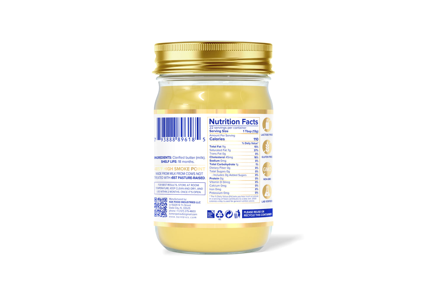 Back view of Bembie’s 11oz Grass-Fed Ghee jar featuring ingredient list, high smoke point details, barcode, and pasture-raised milk claim.