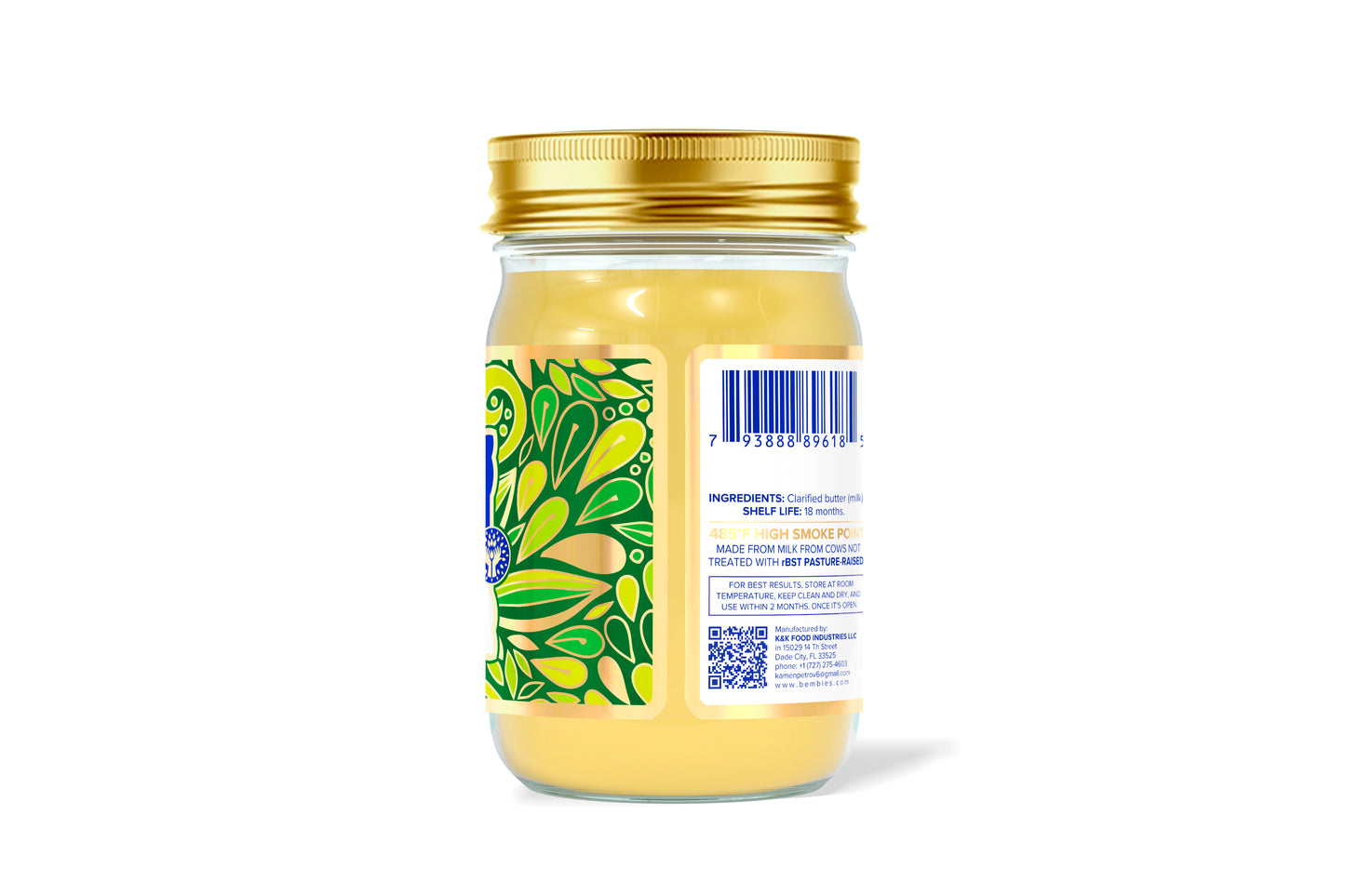 Side view of Bembie’s 11oz Grass-Fed Ghee jar showing barcode, ingredients, shelf life, high smoke point info, and pasture-raised claim.