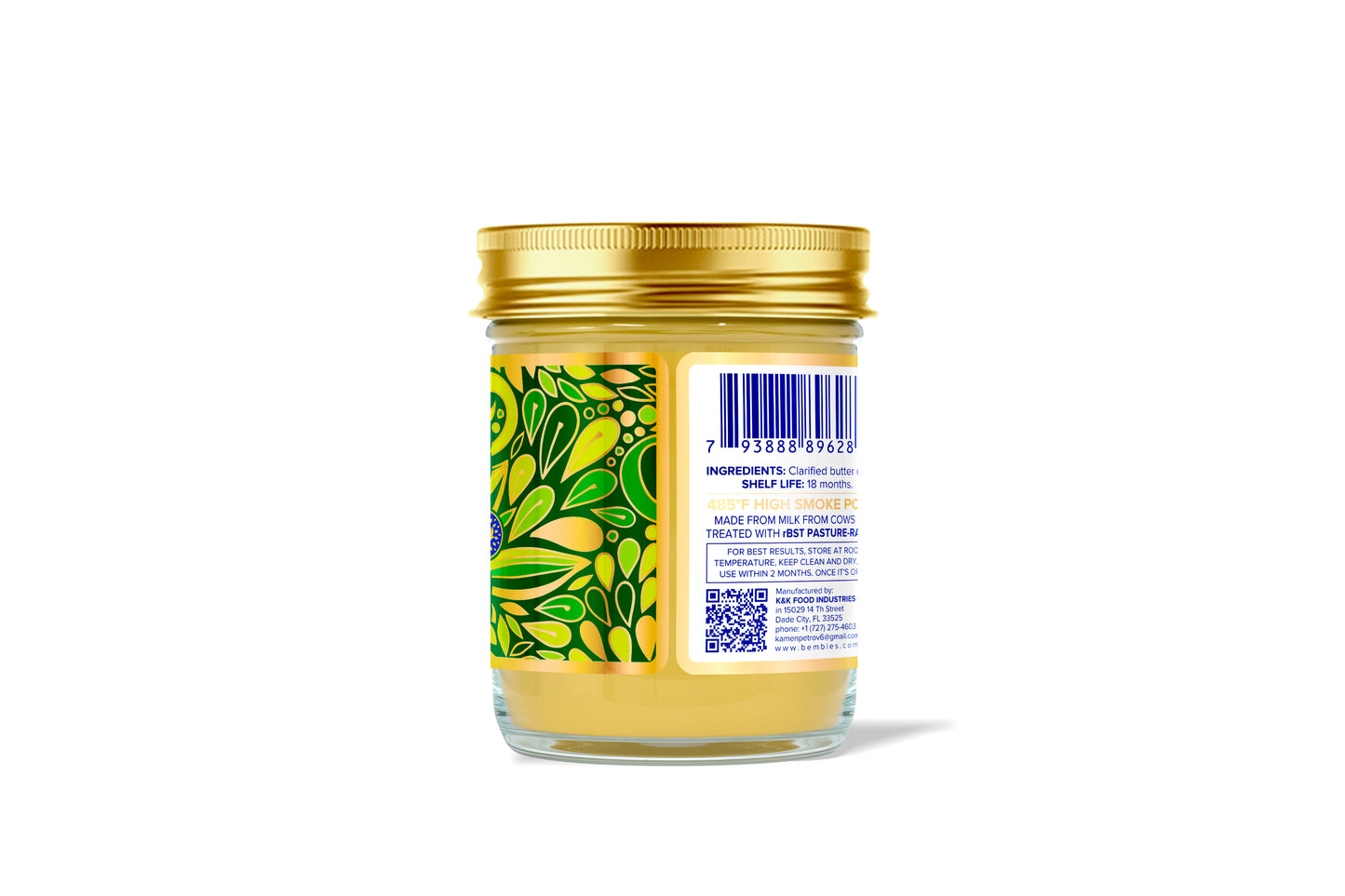Back of Bembie’s Ghee 7 oz Jar Displaying Ingredients, rBST-Free Claim, Shelf Life, Barcode, and Manufacturer Info