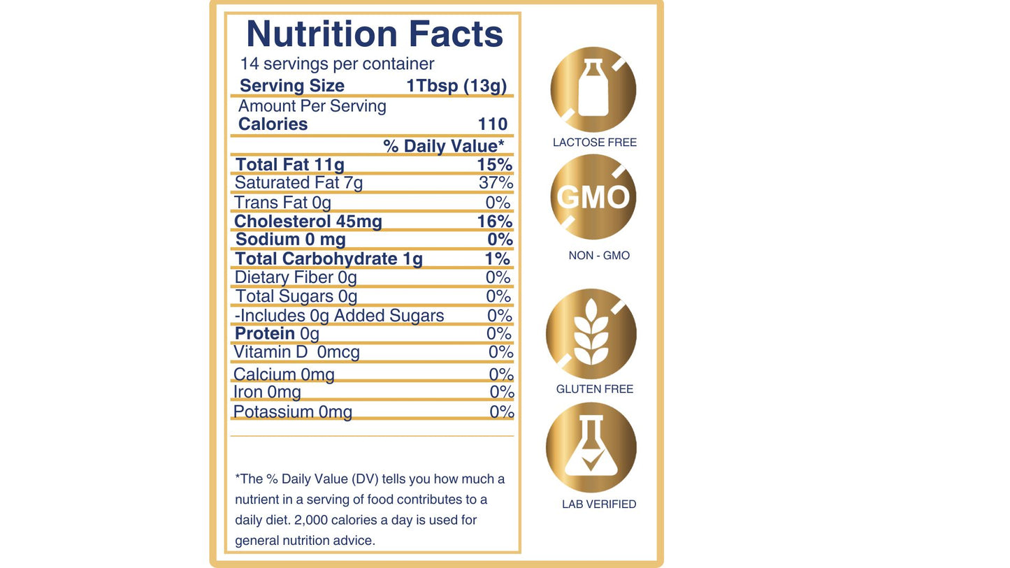 Bembie’s Grass-Fed Ghee 7 oz Nutrition Facts – Pure, NON-GMO, Lactose-Free Clarified Butter with Healthy Fats, Omega-3s & Essential Vitamins.
