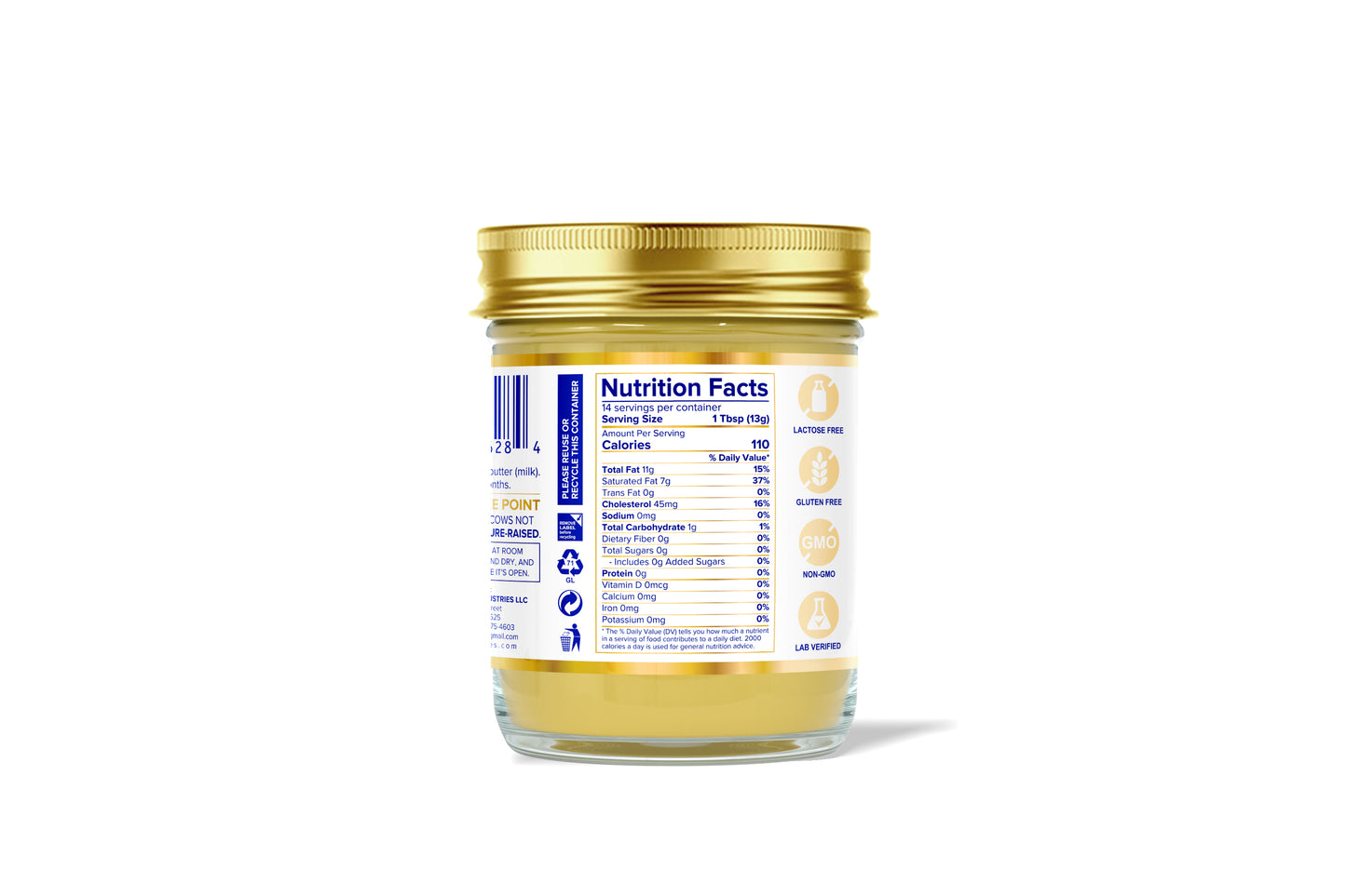 Back View of Bembie’s Grass-Fed Ghee 7 oz Jar Showing Full Nutrition Facts, Ingredients, and Certifications – Non-GMO, Lactose-Free, Lab Verified