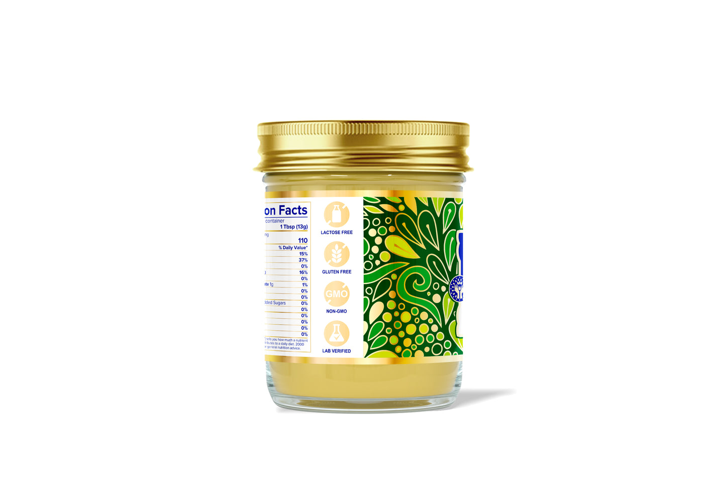 Side View of Bembie’s Grass-Fed Ghee 7 oz – Nutrition Facts and Labels Highlighting Lactose-Free, Gluten-Free, Non-GMO, and Lab Verified Features