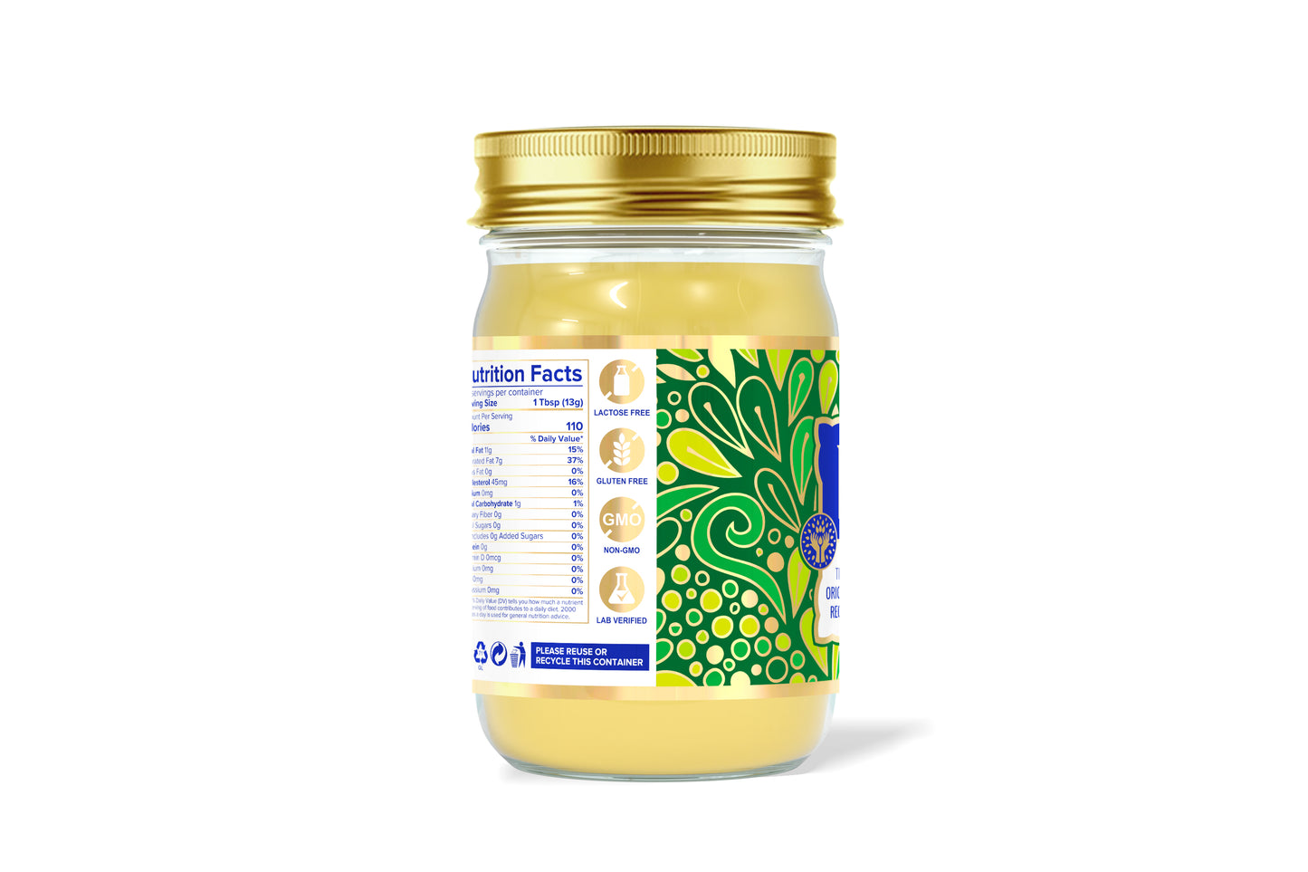 Close-up of Bembie’s 11oz Grass-Fed Ghee showing the nutrition label and health icons – lactose-free, gluten-free, non-GMO, lab-tested clarified butter in a glass jar.