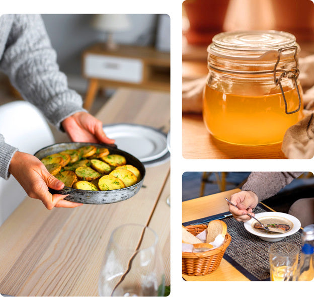 A warm home-cooked meal featuring crispy roasted potatoes, a jar of golden ghee, and a comforting bowl of soup—perfect for enhancing flavor and nutrition with Bembie's Grass-Fed Ghee.