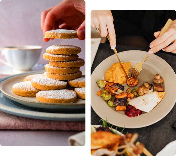 A stack of homemade buttery cookies dusted with powdered sugar alongside a nourishing plate of roasted vegetables, mashed sweet potatoes, and mushrooms— enhanced with the rich flavor of Bembie's Grass-Fed Ghee.