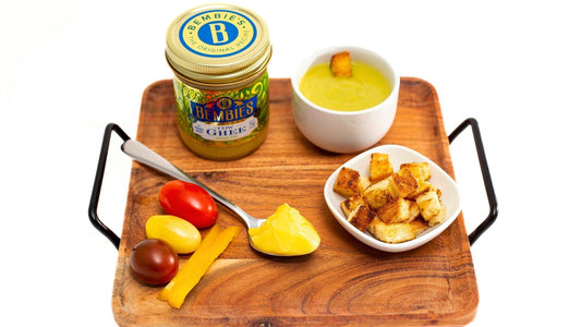 Creamy vegetable soup with croutons, made with Bembie’s Grass-Fed Ghee for a rich, healthy, and nutritious meal.